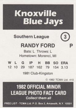 1982 TCMA Knoxville Blue Jays #3 Randy Ford Back