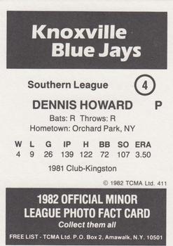 1982 TCMA Knoxville Blue Jays #4 Dennis Howard Back