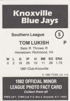 1982 TCMA Knoxville Blue Jays #5 Tom Lukish Back