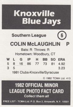 1982 TCMA Knoxville Blue Jays #6 Colin McLaughlin Back