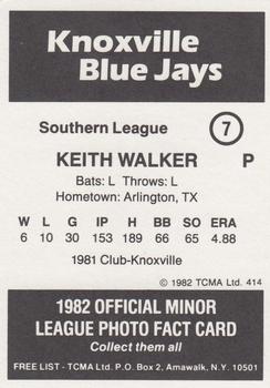 1982 TCMA Knoxville Blue Jays #7 Keith Walker Back