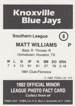 1982 TCMA Knoxville Blue Jays #8 Matt Williams Back