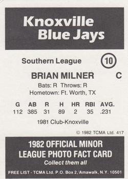 1982 TCMA Knoxville Blue Jays #10 Brian Milner Back