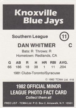 1982 TCMA Knoxville Blue Jays #11 Dan Whitmer Back