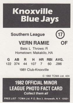 1982 TCMA Knoxville Blue Jays #17 Vern Ramie Back