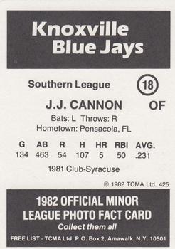 1982 TCMA Knoxville Blue Jays #18 J.J. Cannon Back