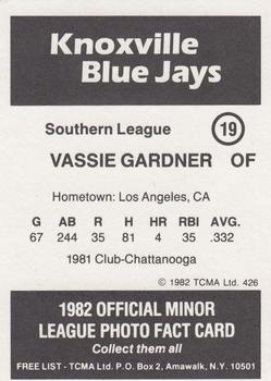 1982 TCMA Knoxville Blue Jays #19 Vassie Gardner Back