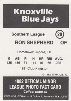 1982 TCMA Knoxville Blue Jays #20 Ron Shepherd Back