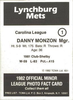 1982 TCMA Lynchburg Mets #1 Danny Monzon Back
