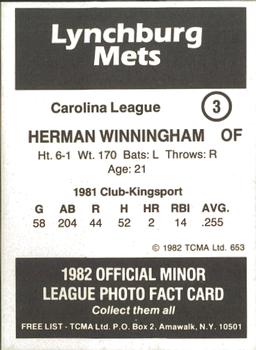 1982 TCMA Lynchburg Mets #3 Herm Winningham Back