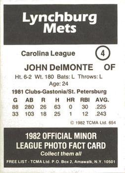 1982 TCMA Lynchburg Mets #4 John DelMonte Back