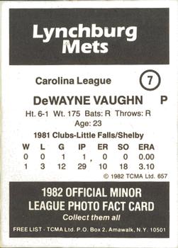 1982 TCMA Lynchburg Mets #7 Dewayne Vaughn Back