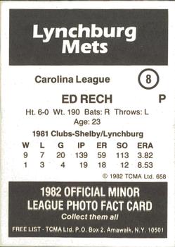 1982 TCMA Lynchburg Mets #8 Ed Rech Back