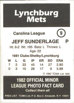 1982 TCMA Lynchburg Mets #9 Jeff Sunderlage Back