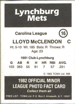 1982 TCMA Lynchburg Mets #16 Lloyd McClendon Back