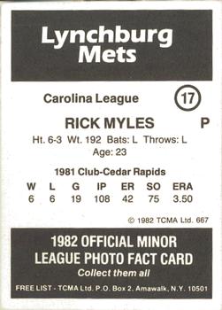 1982 TCMA Lynchburg Mets #17 Rick Myles Back