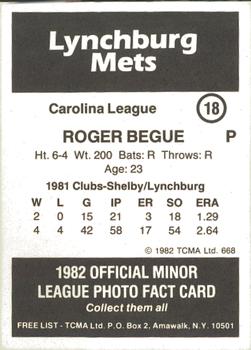 1982 TCMA Lynchburg Mets #18 Roger Begue Back