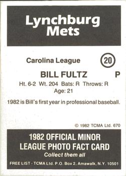 1982 TCMA Lynchburg Mets #20 Bill Fultz Back