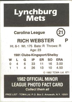 1982 TCMA Lynchburg Mets #21 Rich Webster Back