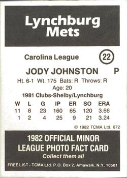 1982 TCMA Lynchburg Mets #22 Jody Johnston Back
