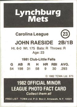 1982 TCMA Lynchburg Mets #23 John Raeside Back