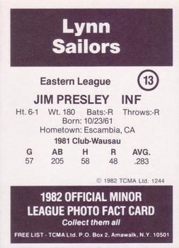 1982 TCMA Lynn Sailors #13 Jim Presley Back