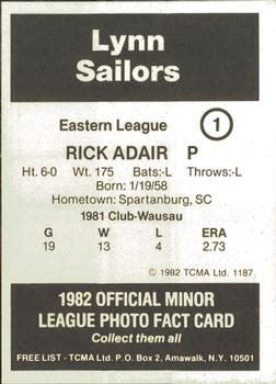 1982 TCMA Lynn Sailors #1 Rick Adair Back