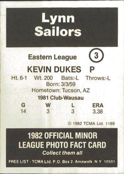 1982 TCMA Lynn Sailors #3 Kevin Dukes Back