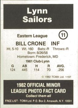 1982 TCMA Lynn Sailors #11 Bill Crone Back