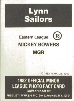 1982 TCMA Lynn Sailors #18 Mickey Bowers Back