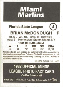 1982 TCMA Miami Marlins #4 Brian McDonough Back