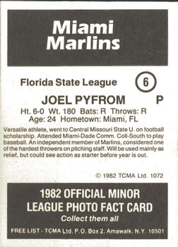 1982 TCMA Miami Marlins #6 Joel Pyfrom Back