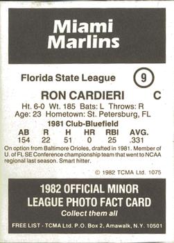 1982 TCMA Miami Marlins #9 Ron Cardieri Back