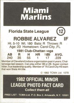 1982 TCMA Miami Marlins #12 Robbie Alvarez Back