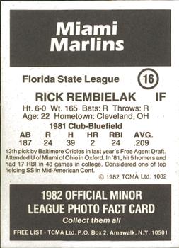 1982 TCMA Miami Marlins #16 Rick Rembielak Back