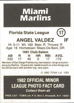 1982 TCMA Miami Marlins #17 Angel Valdez Back