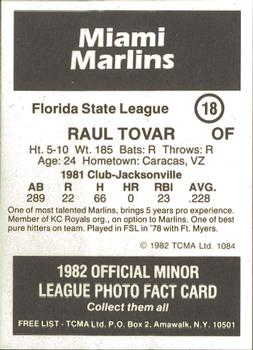 1982 TCMA Miami Marlins #18 Raul Tovar Back