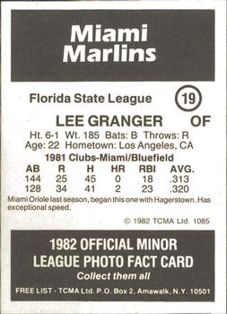 1982 TCMA Miami Marlins #19 Lee Granger Back