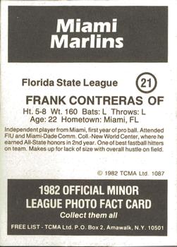 1982 TCMA Miami Marlins #21 Frank Contreras Back