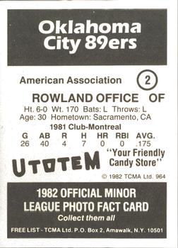 1982 TCMA Oklahoma City 89ers #2 Rowland Office Back