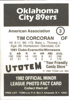1982 TCMA Oklahoma City 89ers #3 Tim Corcoran Back