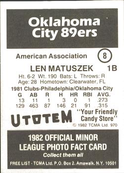 1982 TCMA Oklahoma City 89ers #8 Len Matuszek Back