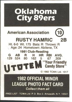 1982 TCMA Oklahoma City 89ers #10 Rusty Hamric Back