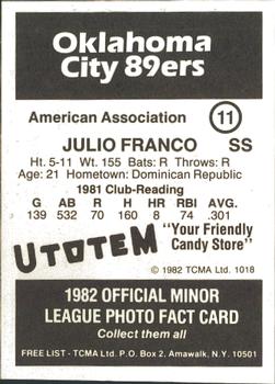 1982 TCMA Oklahoma City 89ers #11 Julio Franco Back