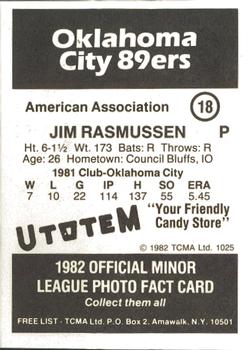 1982 TCMA Oklahoma City 89ers #18 Jim Rasmussen Back