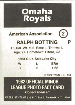 1982 TCMA Omaha Royals #2 Ralph Botting Back