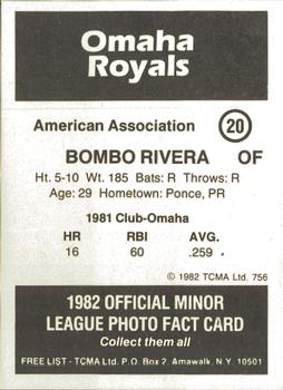 1982 TCMA Omaha Royals #20 Bombo Rivera Back