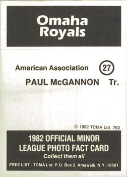 1982 TCMA Omaha Royals #27 Paul McGannon Back