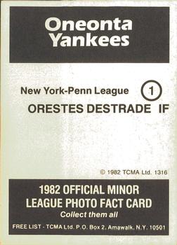 1982 TCMA Oneonta Yankees #1 Orestes Destrade Back