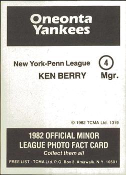 1982 TCMA Oneonta Yankees #4 Ken Berry Back